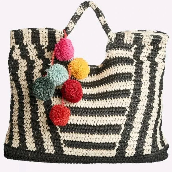 Billabong Talk to The Palm Black Striped Pompom Woven Tote Boho Beach Bag - Picture 2 of 13